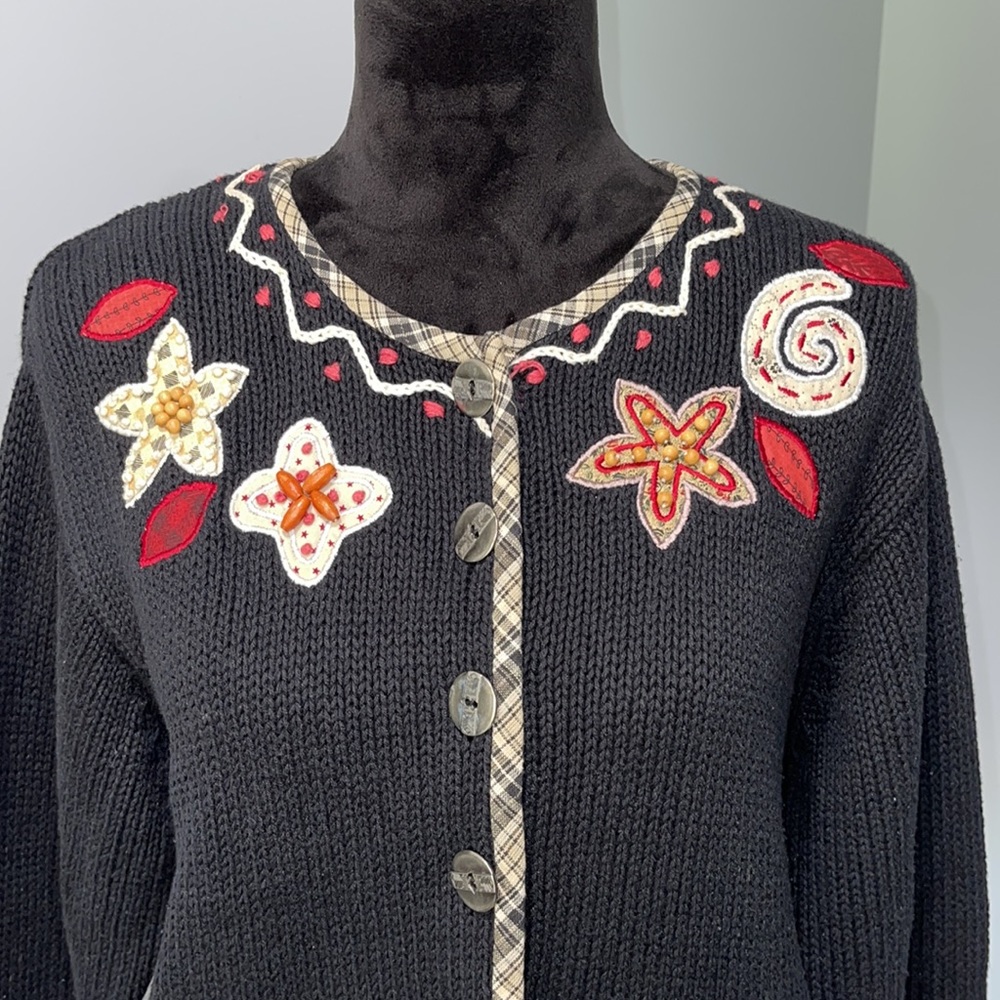 Vintage Orivis ramie cardigan sweater Medium floral animals patch embroidered - Picture 2 of 16